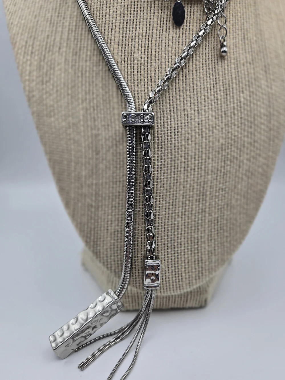 Chico's Silvertone Lariat Necklace Tassel Hammered Bar Rhinestone Accent Classic